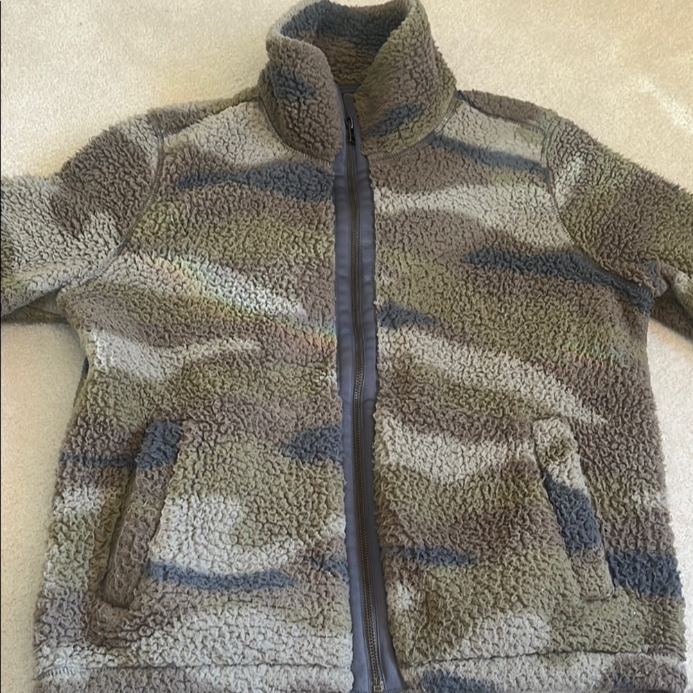 Green and Brown Camouflage Sherpa Jacket with High Collar